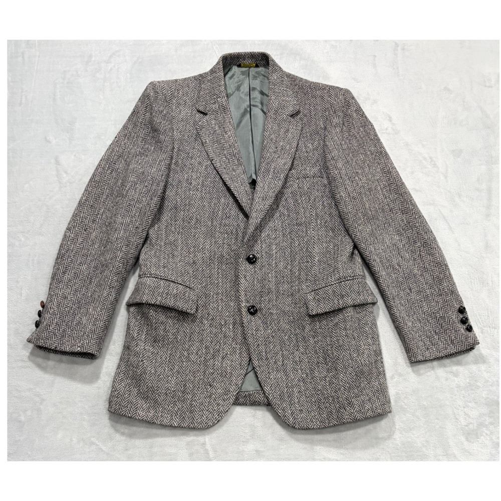 Vintage Harris Tweed Mens Blazer Herringbone Handwoven Scottish Wool 40R Grey